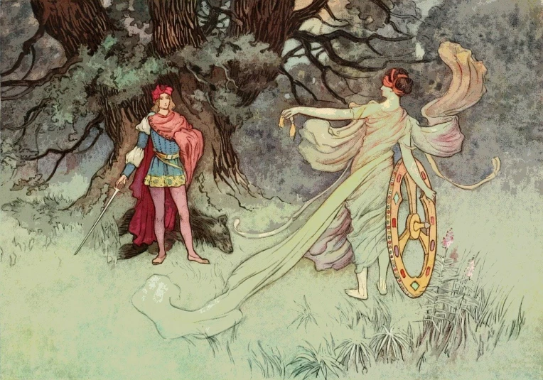 a couple of people that are standing in the grass, by Warwick Goble, tumblr, hold sword in the forest, retro and fantasy style, confetti, full - view