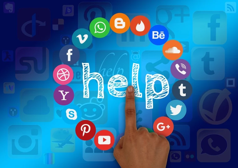 a hand pointing to the word help surrounded by social icons, a picture, trending on pixabay, digital art, pc screen image, 3 4 5 3 1, on a canva, advertisment