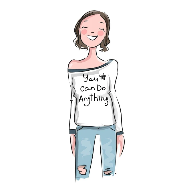 a woman wearing a t - shirt that says you can do anything, a cartoon, by Aya Goda, young beautiful hippie girl, wearing casual sweater, off the shoulder shirt, fashion designer