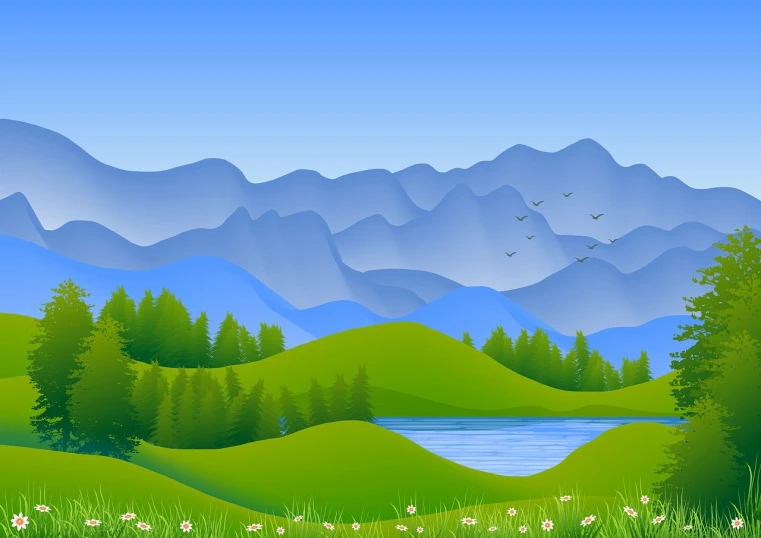 a mountain landscape with a lake in the foreground, an illustration of, meadows on hills, in a background green forest, 1128x191 resolution, blue and green