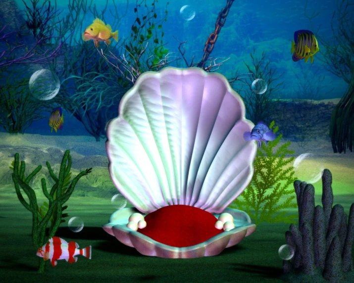 a large shell sitting on top of a lush green field, a raytraced image, inspired by Pearl Frush, sitting in his throne underwater, ! movie scene, glsl - shaders, little mermaid