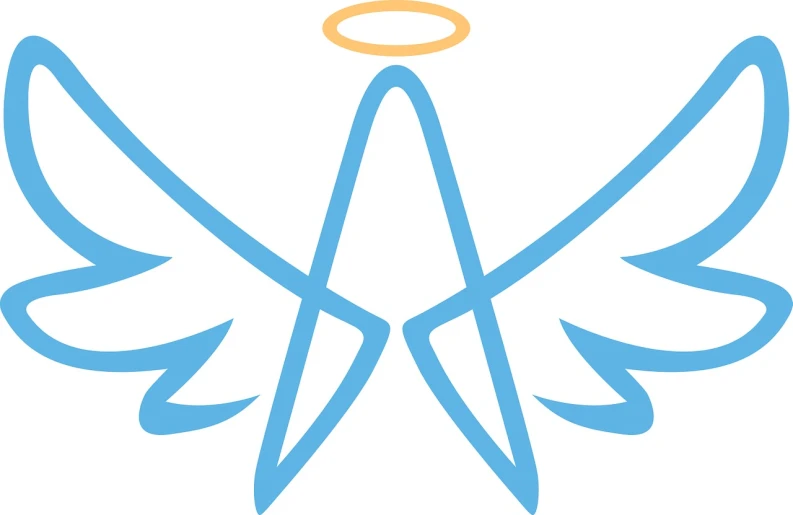 a pair of scissors with a halo on top of it, a pastel, by Julian Allen, symbolism, grand angel wings, logo without text, blue, star