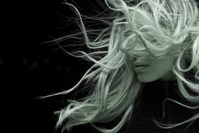 a woman with blonde hair blowing in the wind, by Marie Vassilieff, tumblr, digital art, green and black hair, chris cunningham, silver white hair, dramatic”