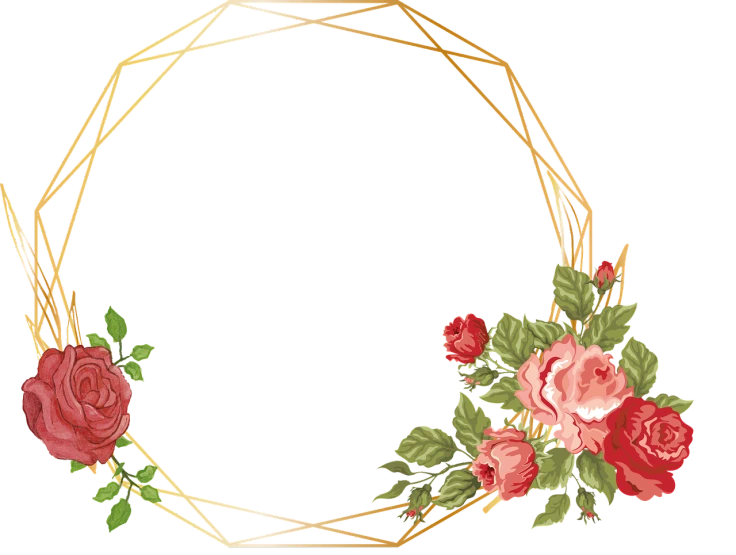 a wreath of red and pink roses on a white background, inspired by Katsushika Ōi, geometric polygons, ornate gold border, gold wires, clear background