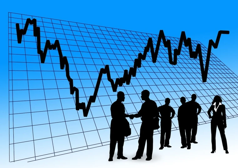 a group of people standing in front of a graph, trending on pixabay, death of the money lenders, trading stocks, blue - print, shadow