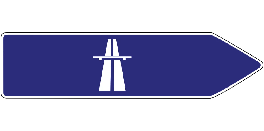 a blue street sign with a white arrow, inspired by Veikko Törmänen, high bridges, horizon forbideen west, flag, in teh style of tony start