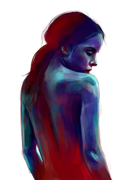 a painting of a woman with long hair, a digital painting, inspired by Lois van Baarle, figurative art, blue and red tattoo, blurred and dreamy illustration, concept illustration