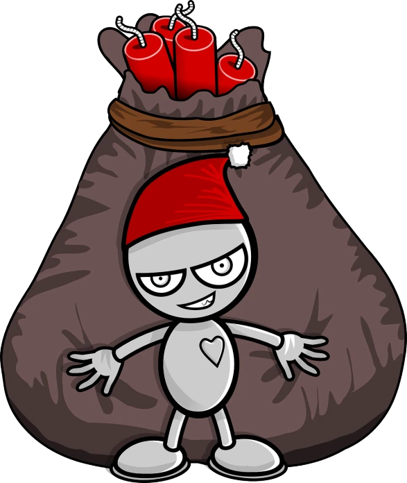 a cartoon character standing in front of a bag of apples, by Harry Beckhoff, deviantart contest winner, process art, wearing santa hat, gray alien, !!! very coherent!!! vector art, plush doll