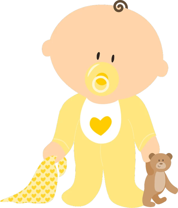a baby with a pacifier and a teddy bear, a digital rendering, inspired by Masamitsu Ōta, pixabay, dada, black. yellow, gold clothes, soft!!, noxious poison diaper