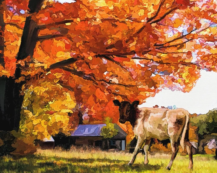a painting of a cow grazing in a field, a digital painting, inspired by Jasper Francis Cropsey, american scene painting, autumn maples, beautiful brush stroke rendering, beautiful painting of a tall, andnorman rockwell