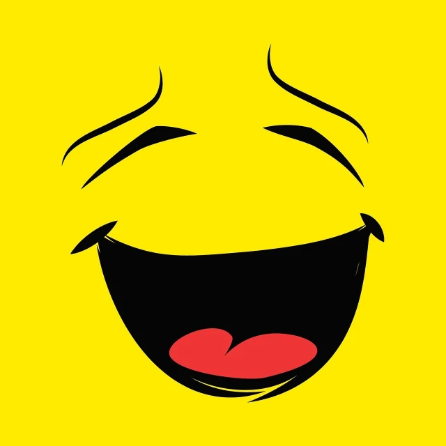 a close up of a smiley face on a yellow background, vector art, inspired by Jim Davis, pop art, laughter and screaming face, happy fashion model face, on simple background, head bent back in laughter