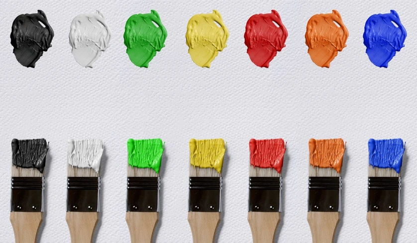 a row of paint brushes sitting next to each other, a minimalist painting, inspired by Jim Dine, trending on pixabay, colors white!!, red green yellow color scheme, high quality screenshot, ntricate oil painting