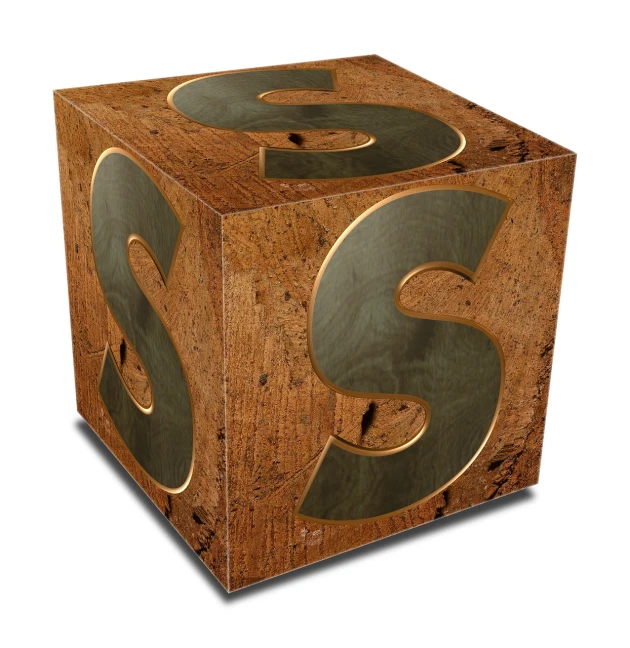 a wooden block with the letter s on it, a digital rendering, by Chris Spollen, surrealcore, cash, in style of mike savad”, cube shaped