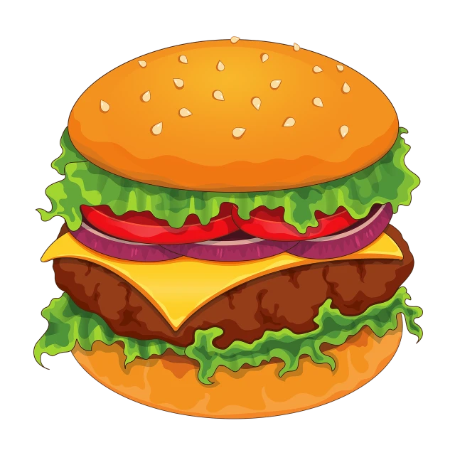 a hamburger with lettuce, tomato, and cheese, shutterstock, realism, on a black background, illustrator vector graphics, grill, cartoon style illustration