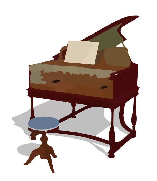 a brown piano sitting on top of a wooden table, an illustration of, set against a white background, an illustration, painted, cut-away