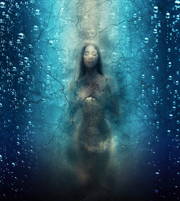 a woman that is standing in the water, digital art, shutterstock, conceptual art, unborn soul, an abstract spiritual background, mystical and new age symbolism, high quality fantasy stock photo