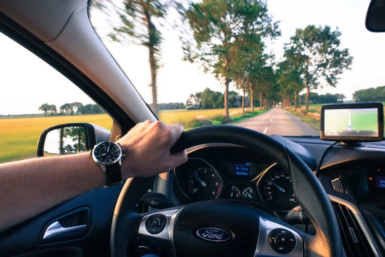 a man driving a car on a country road, pexels, dials, helpful, vista view, inside a grand