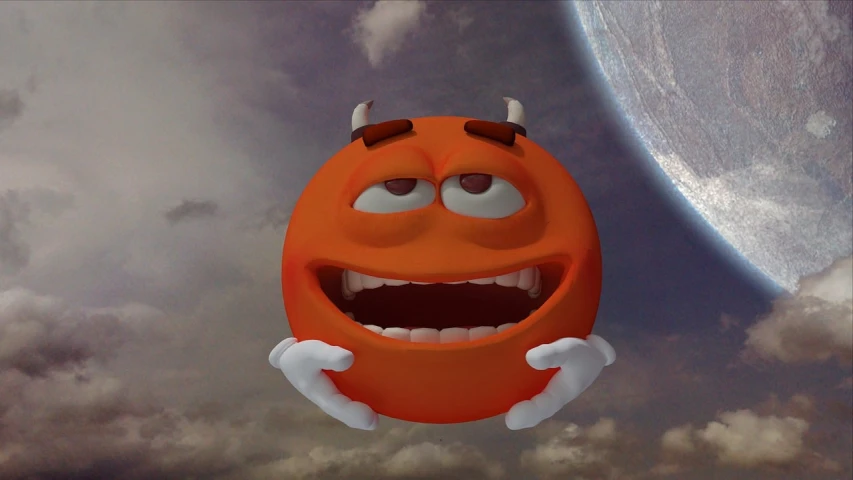 an orange monster is flying in the sky, inspired by Heinz Anger, zbrush central contest winner, laughing emoji, planet mars, still from a 2001 pixar movie, sad emoji