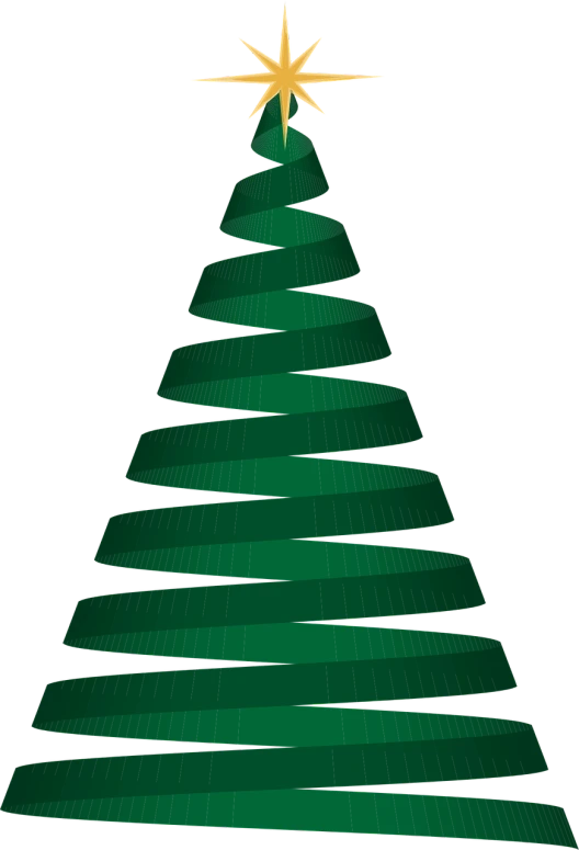 a green christmas tree with a star on top, a raytraced image, inspired by Slava Raškaj, spiral lines, gradient green black, tall tree, ribbon