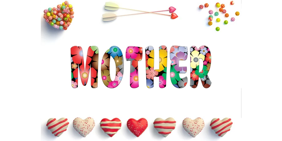 a mother's day card with hearts and candies, a digital rendering, by Elaine Hamilton, trending on pixabay, dada, banner, heart made of flowers, text morphing into objects, clipart
