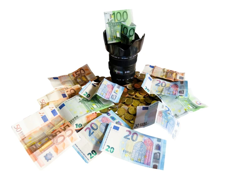 a bucket filled with lots of money sitting on top of a pile of coins, a picture, figuration libre, camera photo, europa, 4 k product photo, portlet photo