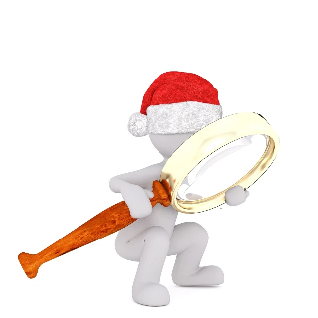 a person in a santa hat holding a magnifying glass, figuration libre, watch photo, 3 d model, holding a baseball bat, compressed jpeg