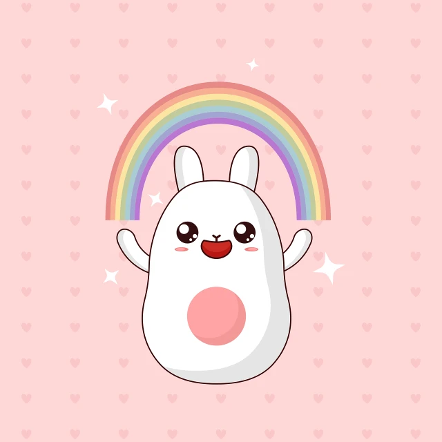 a cartoon bunny with a rainbow in the background, a picture, mingei, happy appearance, beautiful smooth oval head, peach and goma style, cute monster