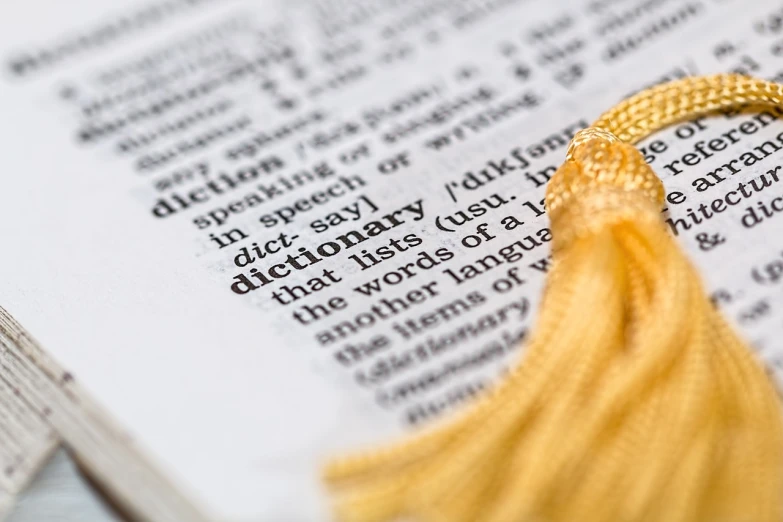 a close up of a book with a tassel on it, a macro photograph, art & language, hi definition, golden detailing, random english words, defined