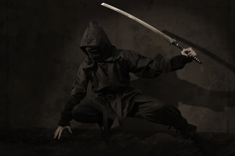 a black and white photo of a person with a sword, inspired by Kanō Hōgai, shutterstock, stealth suit, kano tan'yu, a dark, grungy