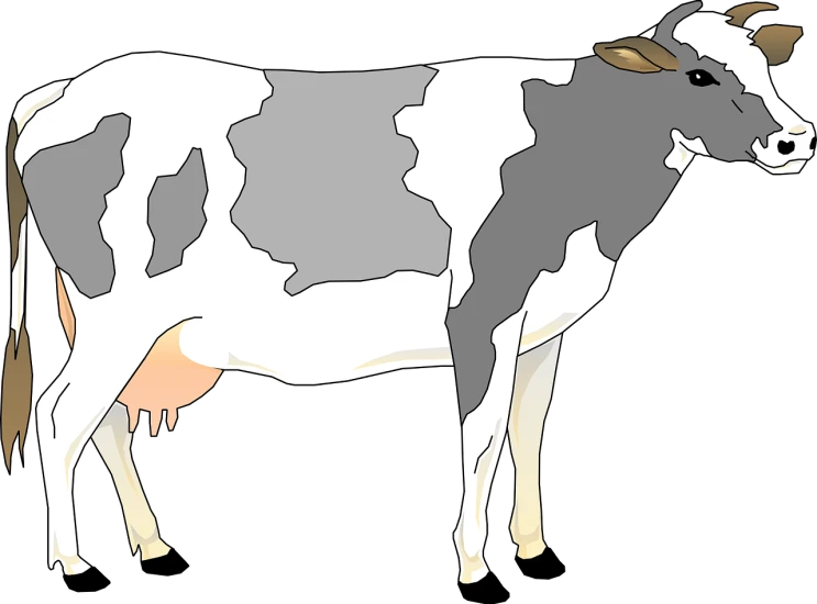 a gray and white cow standing in front of a black background, a digital rendering, by Maxwell Bates, pixabay, mingei, vector graphic, isolated on white background, calico, milkman