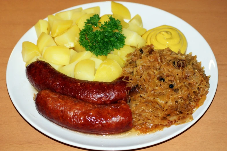 a close up of a plate of food on a table, by Werner Gutzeit, pixabay, dau-al-set, anonymous as a sausage, potato, istockphoto, eastern european