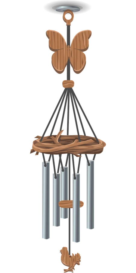 a wind chime with a butterfly on top of it, a digital rendering, inspired by Pál Böhm, zbrush central, sōsaku hanga, nest is made of sticks, six arms, with a black background, durer