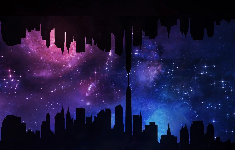 a view of a city at night with stars in the sky, tumblr, space art, gradient mixed with nebula sky, new york skyline, banner, merge