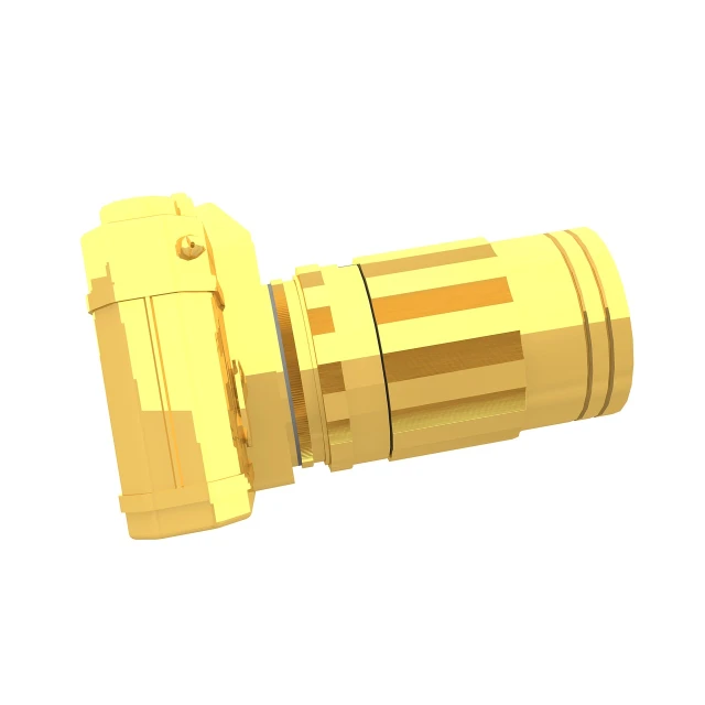 a close up of a metal object on a white surface, a low poly render, polycount, art deco, yellow, 2. 5 d illustration, connector, riffle