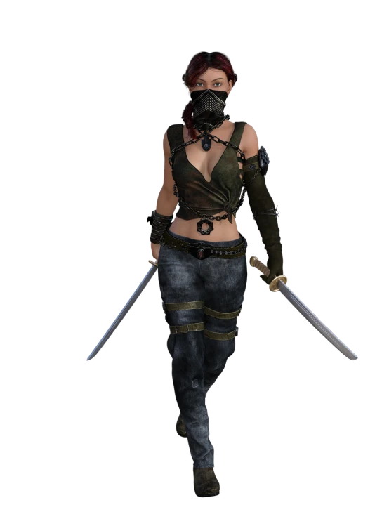 a woman wearing a mask and holding two swords, inspired by Ren Bonian, deviantart contest winner, octane 2. 0 render, highly detailed full body, grungy, 3 d render n - 9