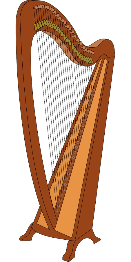 a harp sitting on top of a wooden stand, an illustration of, inspired by Balázs Diószegi, sōsaku hanga, drawn in microsoft paint, front side view full sheet, strings, irish