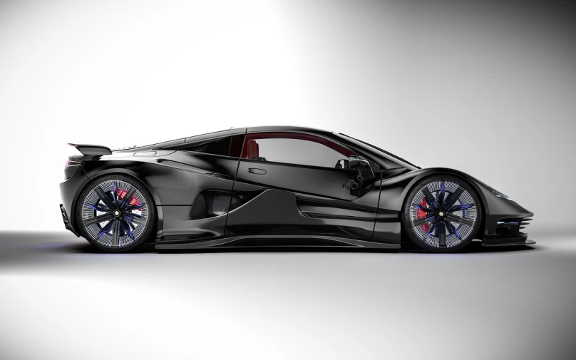 a black sports car sitting on top of a white floor, a 3D render, by Anthony Devas, trending on polycount, conceptual art, veneno, side view intricate details, mars black, black steel with red trim