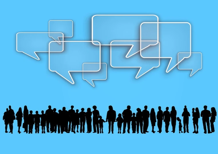 a group of people standing in a line with speech bubbles, shutterstock, digital art, background image, blue, models, social media