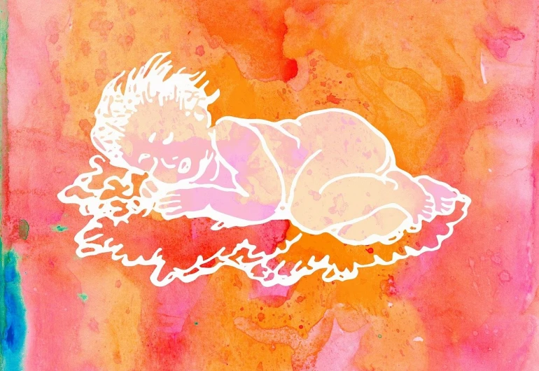 a drawing of a baby sleeping on a cloud, a digital rendering, inspired by Margaret Geddes, neo-fauvism, hairy orange body, birth of venus, watercolor detailed art, animation film still