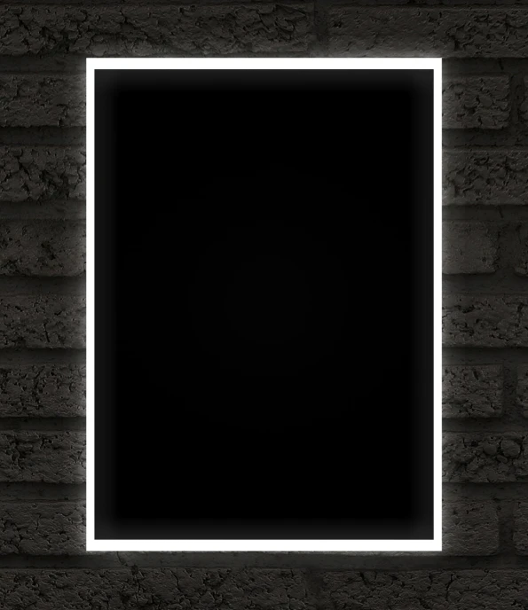 a black picture frame hanging on a brick wall, a minimalist painting, by Joseph Raphael, minimalism, plasma neon internal glow, white outline border, pitch black skin, black and white only