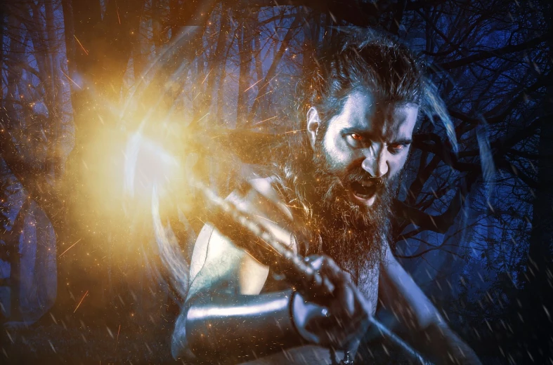 a man holding a knife in a forest, by Adam Marczyński, shutterstock, digital art, portrait of rugged zeus, he is casting a lighting spell, indian warrior, high quality fantasy stock photo