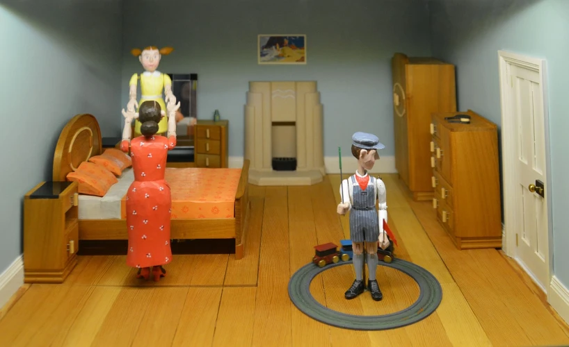 a couple of figurines sitting on top of a wooden floor, inspired by Robert Ballagh, flickr, naive art, bedroom in studio ghibli, families playing, still from mary poppins (1964), 3d scene