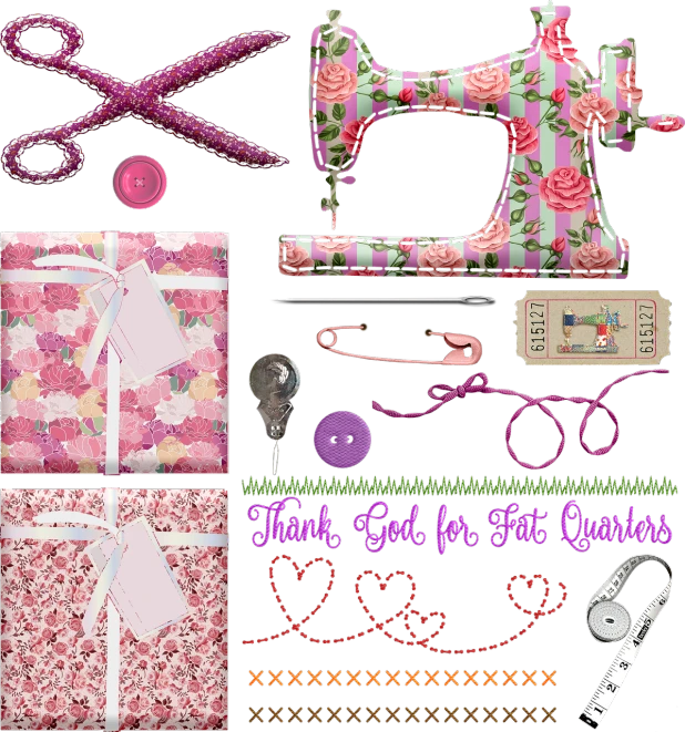 a collage of sewing supplies on a black background, trending on cg society, digital art, pink girl, clipart, thanks, floral bling