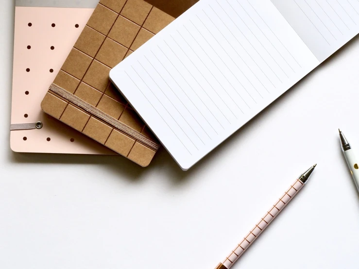 a couple of notebooks sitting on top of a table, by Karl Buesgen, pexels, minimalism, brown and white color scheme, on a white background, square lines, pencil