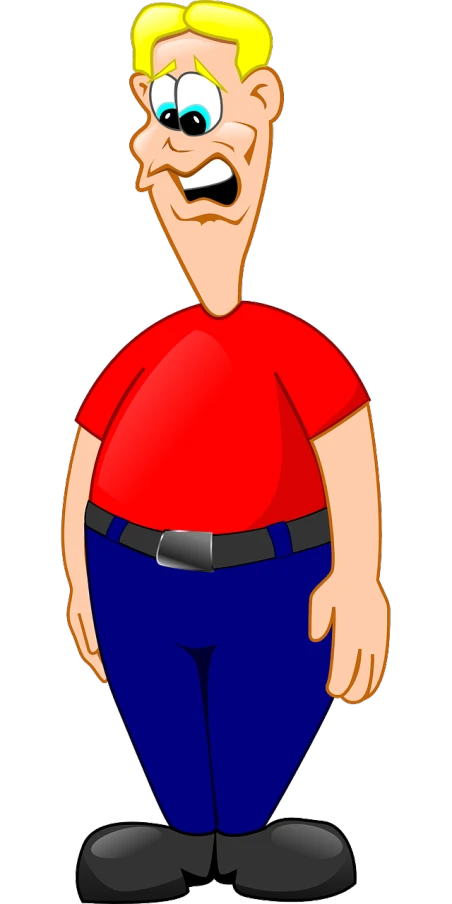 a cartoon man wearing a red shirt and blue pants, inspired by Fernando Botero, pixabay, figuration libre, an anthropomorphic stomach, !!! very coherent!!! vector art, slender boy with a pale, an overweight