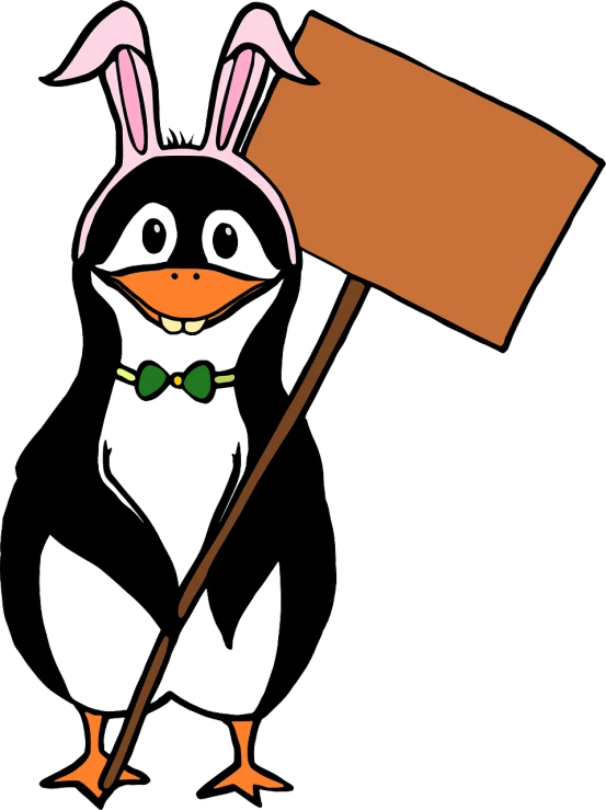 a penguin with bunny ears holding a sign, pixabay, sōsaku hanga, [ organic, flag, market, cga
