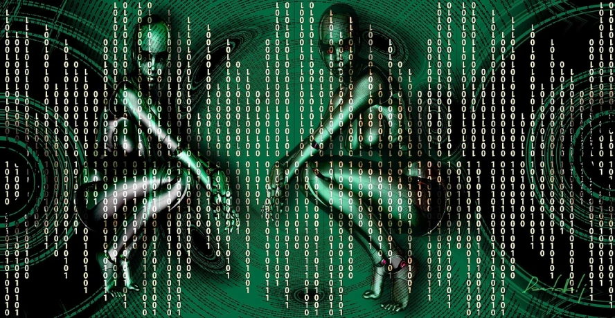 a couple of people standing next to each other on a computer screen, digital art, by Adam Marczyński, pixabay, ascii art, barefoot beautiful girl alien, cybernetic implants, green matrix code, electronic bikini