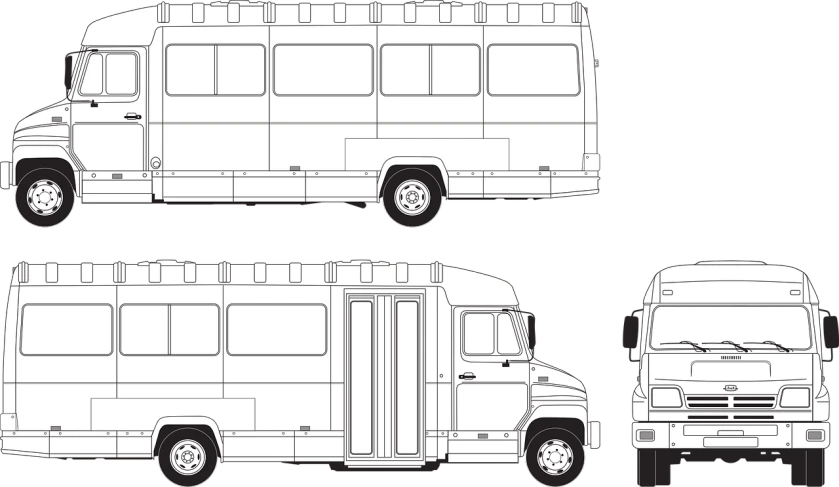 a black and white drawing of a bus, lineart, by Derek Hill, behance, top and side view, full color scheme, full body image, vertex