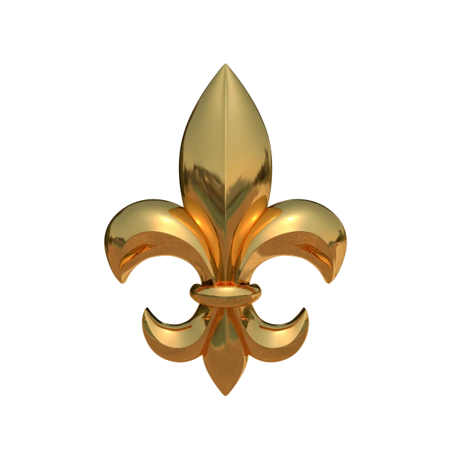 a gold fleur de lis on a black background, a raytraced image, low quality 3d model, enamel, military insignia, lily flower