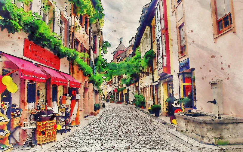 a painting of a cobblestone street in europe, a watercolor painting, inspired by Karl Stauffer-Bern, shutterstock, posterized color, beautiful high resolution, colored screentone, colorful photo